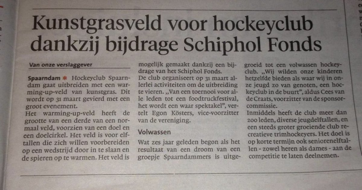 'HC Spaarndam in het Haarlems Dagblad vandaag, over het inslaveld, en het grote Waar-schijt-de-geit Evenement op 31 maart. Foodtruckfestival, hockeytoernooi, Wijnproeverij, DJ's &amp; feest! Kom allemaal! Ook potentiële nieuwe leden van harte welkom! Delen mag natuurlijk :)'