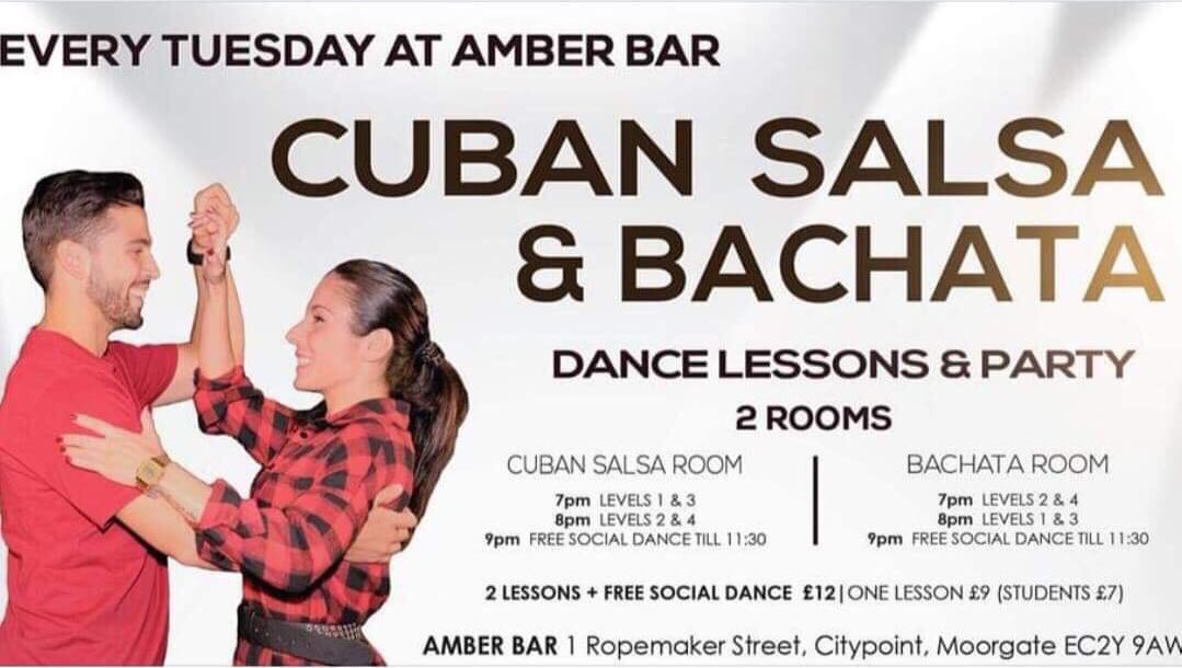 CUBAN SALSA &amp; BACHATA TONIGHT AT AMBER BAR..!!
✅ ALL LEVELS
✅ NOT PARTNER REQUIRED 
✅ TOP INSTRUCTORS 
✅ FREE SOCIAL DANCE 
✅ salsateca.co.uk
#salsa #bachata #cuban #dancing #london