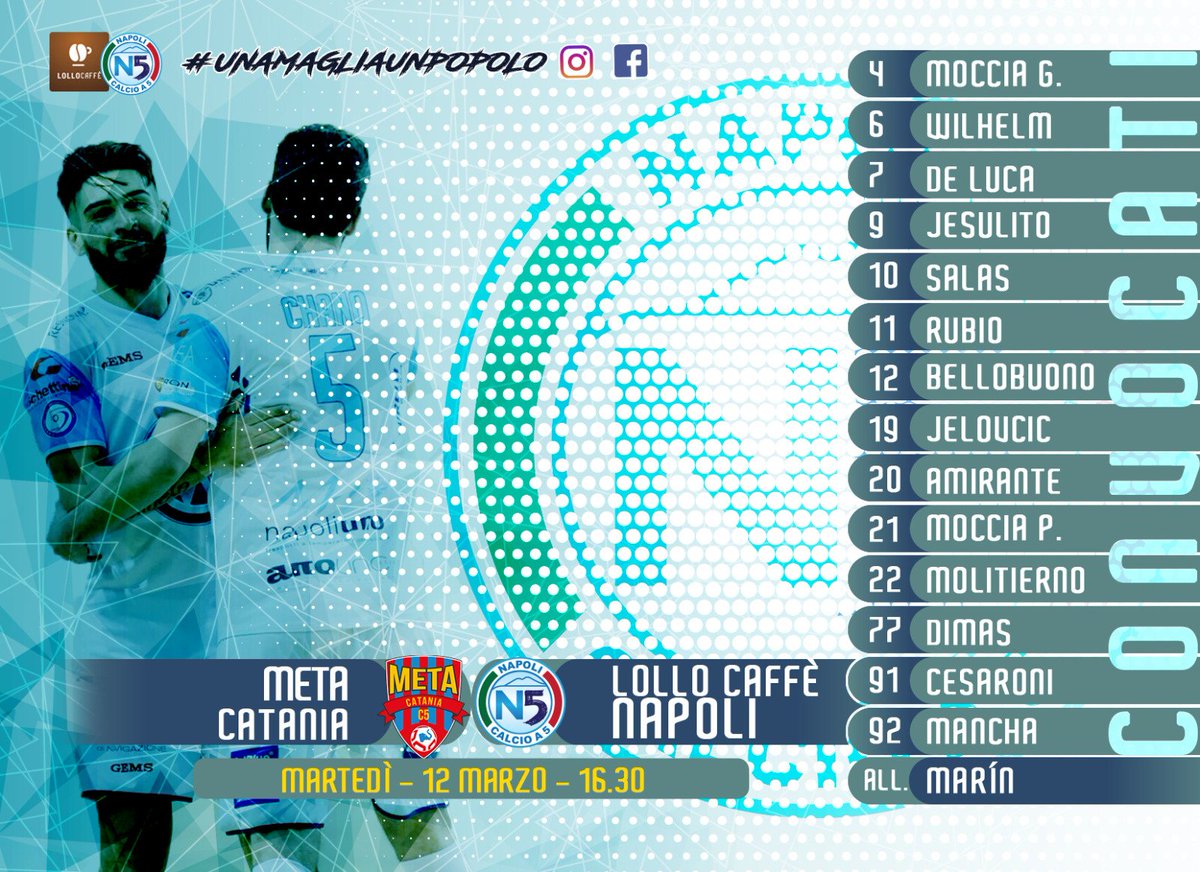 napolic5's tweet photo. ⚽ Alle 16:30 in campo
🆚 Contro il Meta Catania
↩️ Recupero della tredicesima giornata
📋 I convocati di Mister Marin

#UnaMagliaUnPopolo 💙

#wearefutsal #futsal #calcioa5 #divisionecalcioa5 #pmgsportfutsal #serieafutsal #thisisfutsal #tuttofutsal https://t.co/R1lFxPGRbX