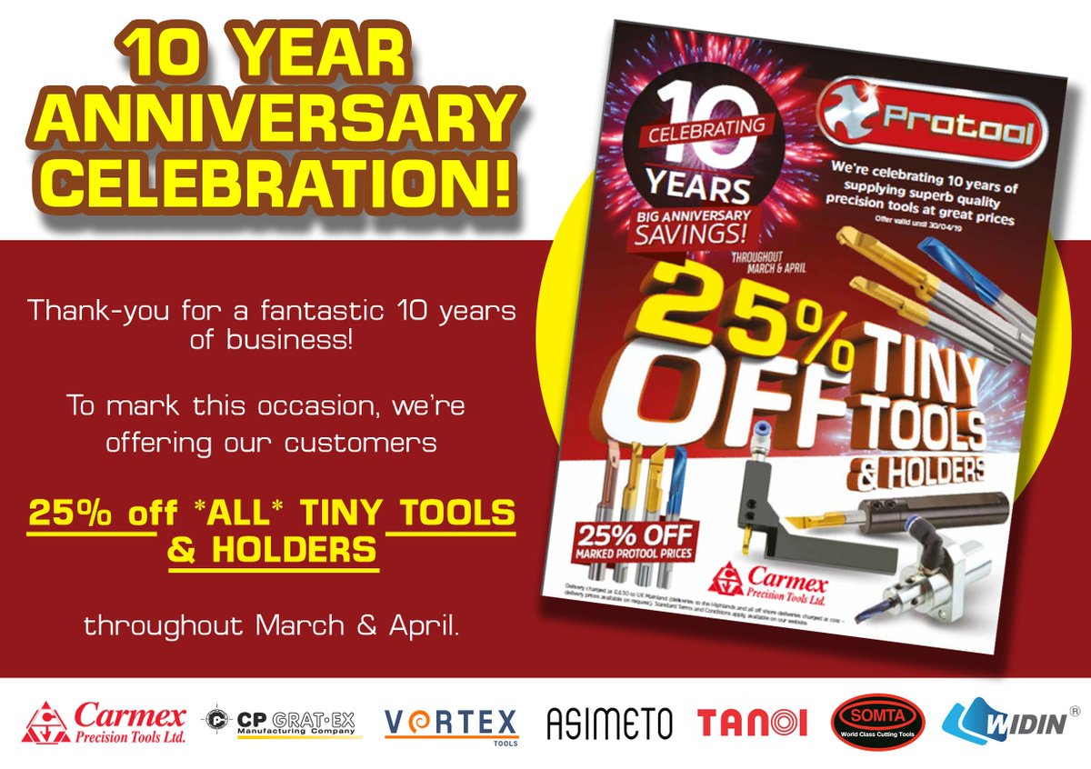 March marks our 10th year trading here at <a href="/ProtoolLtd/">PROTOOL LTD</a>! As a thank-you for your continued support, we're offering 25% off all Carmex Tiny Tools &amp; Holders! More info here: protool-ltd.co.uk/wp-content/upl…

Keep your eyes on our socials for more fantastic anniversary savings! 🎉🎉🎉