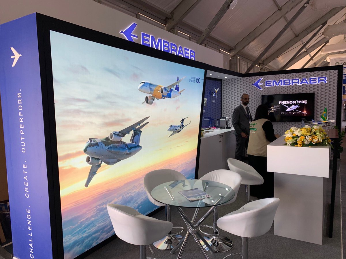 RTHltd's tweet photo. Opening day at Saudi Airshow 19 today! Wishing everyone a great show. More exciting images to follow throughout the week #saudiairshow19@saudiairshow19 #embraer @Embraer #rthplc #rthgroup#exhibtiondesign https://t.co/upEv1sF55q
