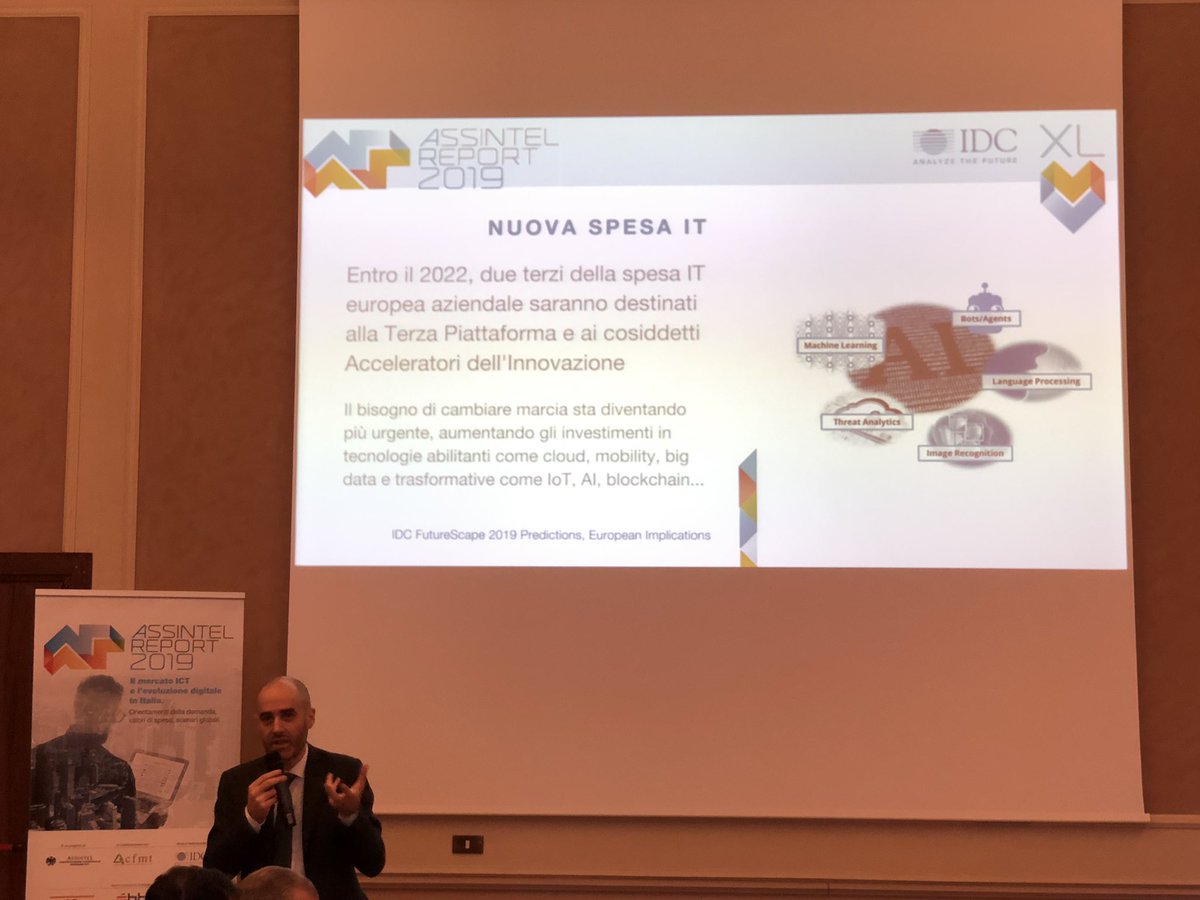 IDCItaly's tweet photo. Entro il 2022, due terzi della spesa IT aziendale saranno destinati alla Terza Piattaforma (#cloud, #BigDataAnalytics...) e ai cosiddetti Acceleratori dell’Innovazione (#AI, #IoT, #Blockchain...) - @FabioRizzotto di IDC al lancio di #AssintelReport19 XL con @Assintel https://t.co/ceJxPKa8Ww