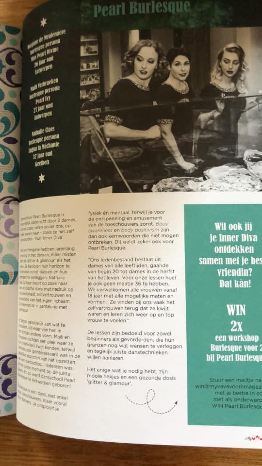 EmilieBaert2's tweet photo. Onze vzw Pearl Burlesque heeft voor de tweede keer de pers gehaald, deze keer in MyVavavoom magazine. Hopelijk kunnen wij dit binnenkort ook realiseren voor hen! #TiBproject #masterMPC https://t.co/nuPLnu8N2t
