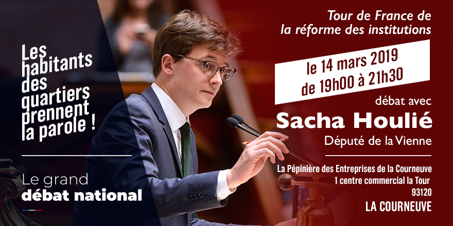 SachaHoulie's tweet photo. [#GrandDebat feat. #TDFConstitution]

Est-ce que la diminution du nombre de parlementaires serait synonyme d'une représentativé moindre ? Pourquoi interdire aux élus de faire plus de trois mandats consécutifs ? 

Nous en débattons ce jeudi à La Courneuve, venez nombreux ! https://t.co/jW6cq70kxD