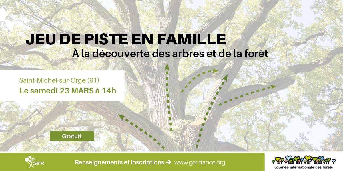 JEU DE PISTE - À la découverte des #arbres et de la #forêt (dès 6 ans)
📆 Samedi 23 Mars 2019
⏰ 14h00 - 16h00
📍 #SaintMichelsurOrge (91)
Pour s'inscrire, c'est par ici  👉 ger-france.org/agenda/
#JIF2019 #Essonne #EEDD