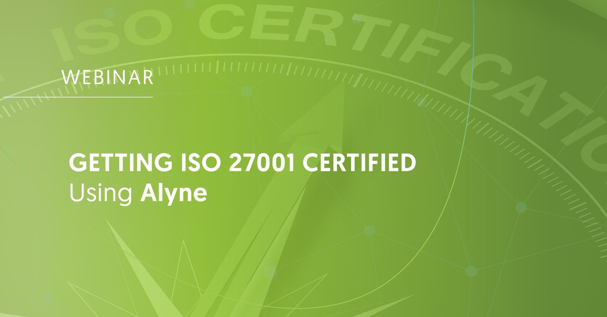 alyne's tweet photo. Register for our upcoming free #webinar 'Getting ISO 27001 Certified Using Alyne' here: https://t.co/h37ODJLLbM. The webinar will take place on 27 March at 4pm CET. Follow the link for more details and to download our corresponding #whitepaper. #GetAlyned #iso27001 #Alyne https://t.co/YZrXZAwvFY