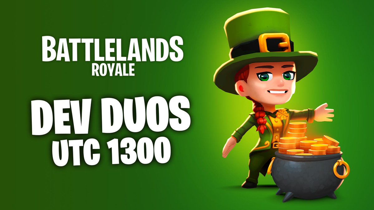 battlelandsgame's tweet image. It's update time! And to celebrate, we're streaming a very special Dev Duos. 

Join us in 3 hours and try your luck playing with the team live on our Facebook page and YouTube channel! Winners will take home the very special limited edition Patty bundle. 

See you there! 🍀 🇮🇪