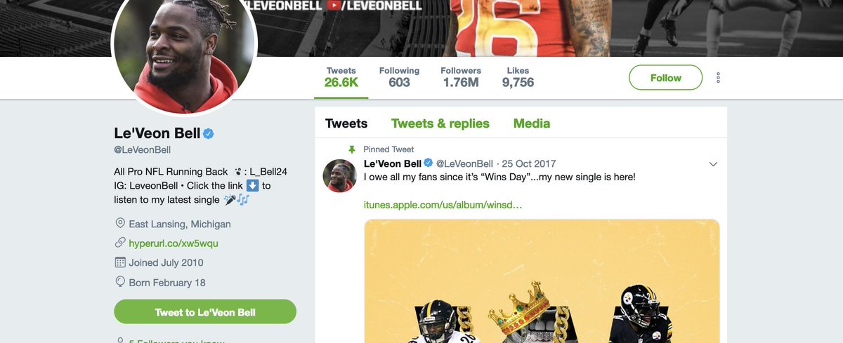 brgridiron's tweet photo. Le'Veon Bell changed his profile color to green 🧐 https://t.co/4AYfNl96CD