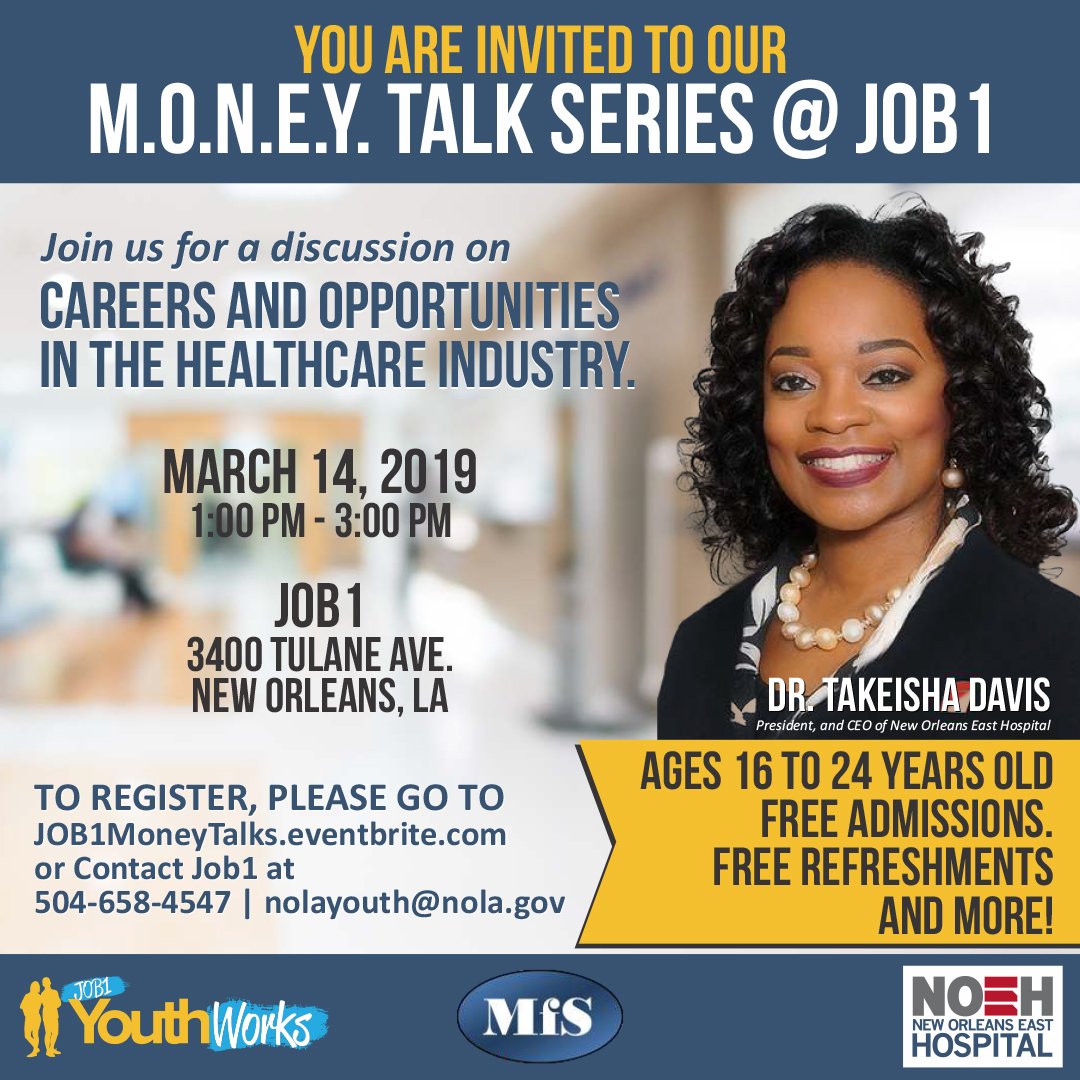 MfSuccess's tweet photo. Dr. Takeisha Davis, President and CEO of New Orleans East Hospital, discussing careers and opportunities in the Healthcare industry. PLUS, ages 16-24, get connected to career assistance...Thursday (3/14) @ JOB1, 1-3pm. Food provided. 
RSVP @  https://t.co/P5pSjGWUlw you there! https://t.co/OhjXOx9wWz