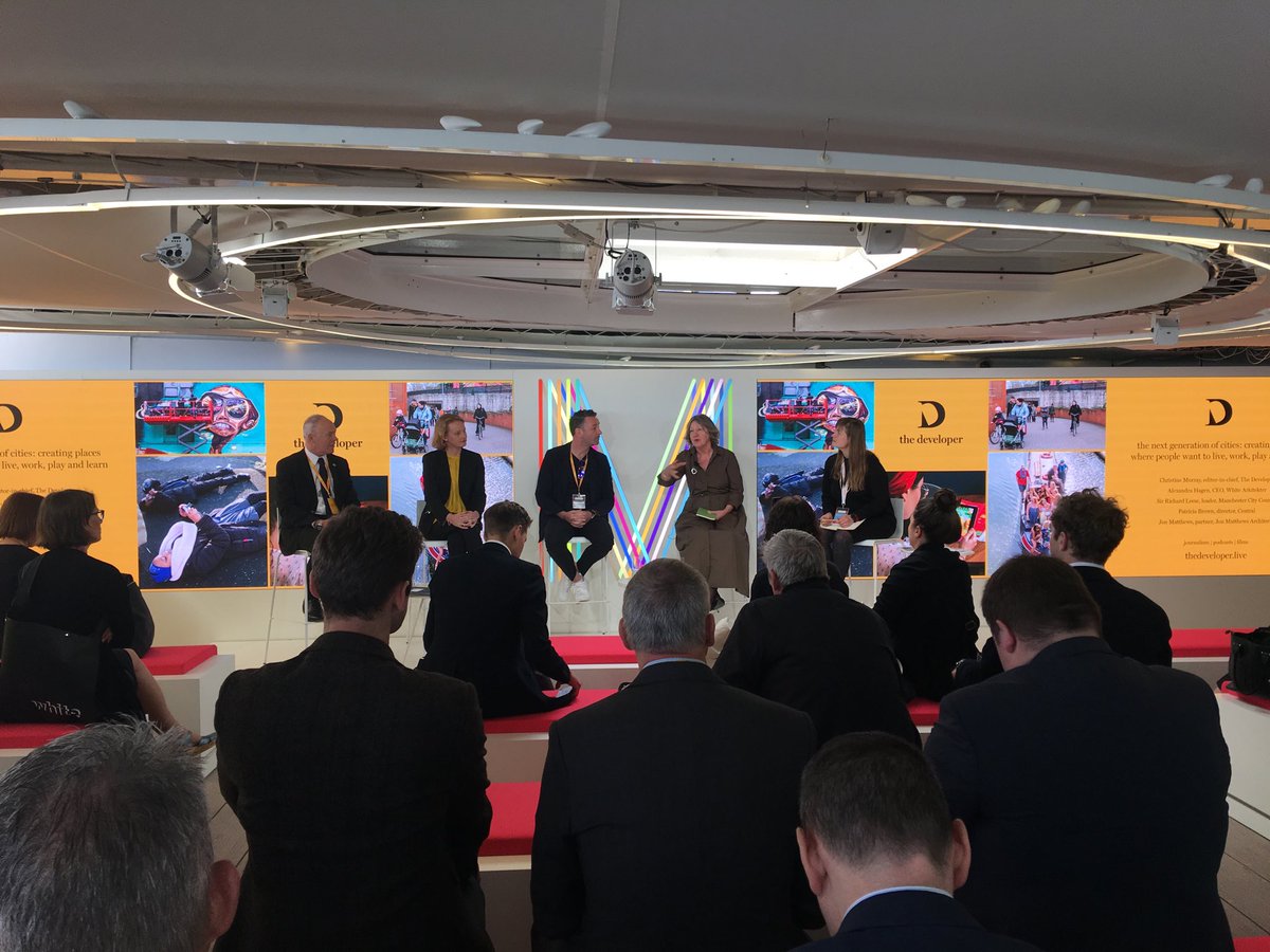 A distinguished panel discussing the next generation of workspaces, Manchester style ⁦<a href="/MIPIMWorld/">MIPIM</a>⁩ ‘ground floor as amenity space’ #cannes #mipim #workspace #manchester