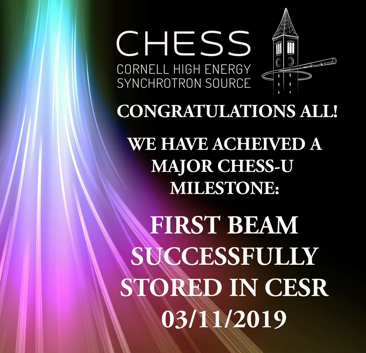 CHESS_user's tweet photo. A major accomplishment for our CHESS-U Project happened yesterday: first beam successfully stored in CESR (Cornell Electron Storage Ring)! Congrats to all and thank you for your contributions!
#CHESScience #MacCHESS #Cornellaccelerates #CHESSU #Synchrotron #Synchrotronscience https://t.co/WVxvly3taK