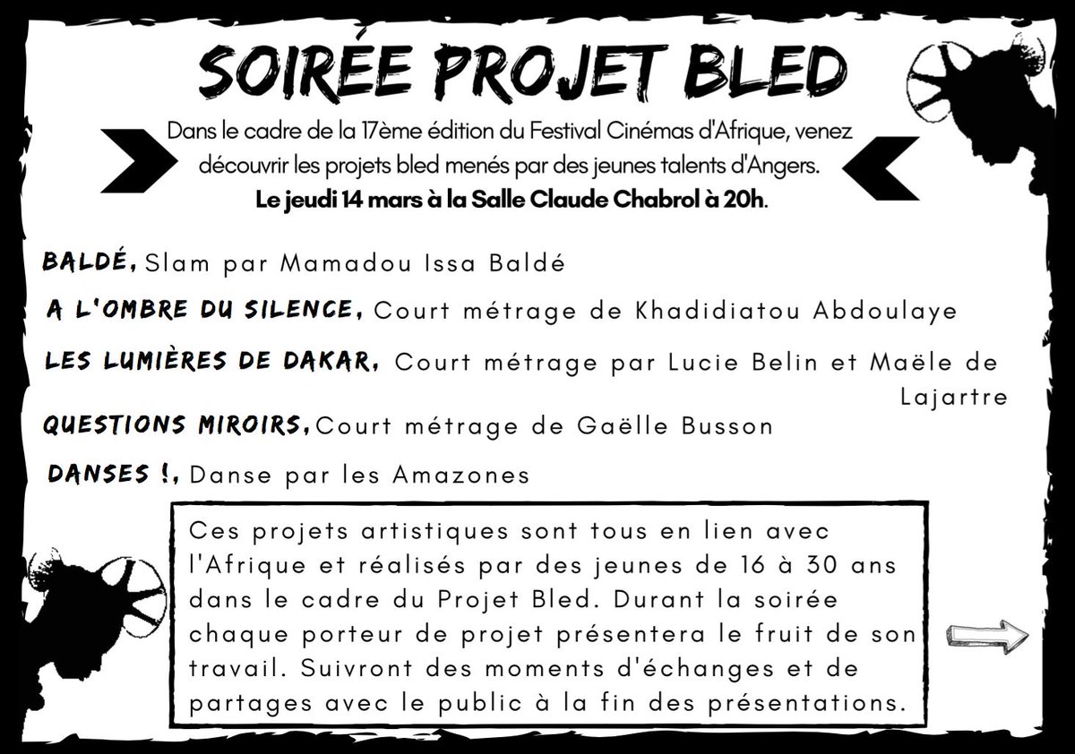 CCDAFRIQUE's tweet photo. 📢   Rappel 👉
Venez découvrir et soutenir les Projets Bled 2019 ce jeudi 14 mars à la salle Claude Chabrol à 20h. 😮  L'entrée est gratuite et ouverte à tous 😉  . #angers #cultureangers #cinémasdafrique #projetsbled #cinémaafricain #cultureafrique #salleclaudechabrol https://t.co/cdOOjOd8Jm