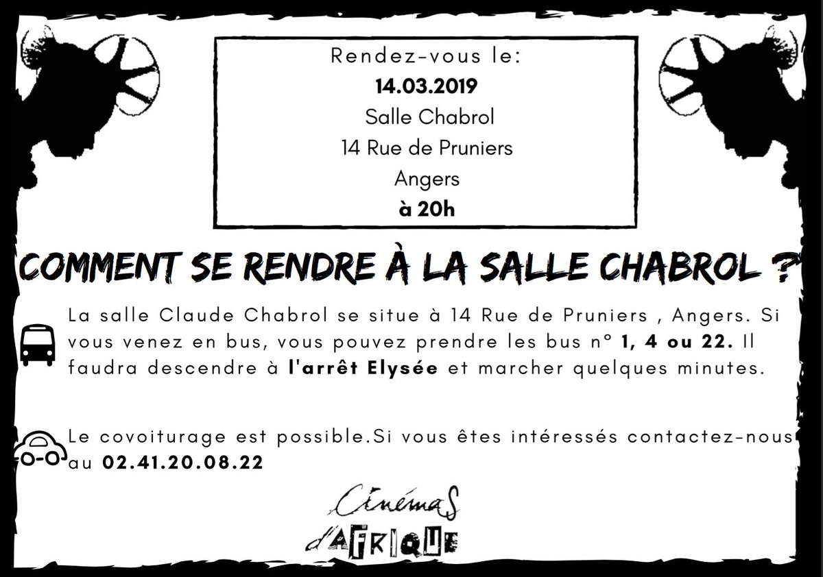 CCDAFRIQUE's tweet photo. 📢   Rappel 👉
Venez découvrir et soutenir les Projets Bled 2019 ce jeudi 14 mars à la salle Claude Chabrol à 20h. 😮  L'entrée est gratuite et ouverte à tous 😉  . #angers #cultureangers #cinémasdafrique #projetsbled #cinémaafricain #cultureafrique #salleclaudechabrol https://t.co/cdOOjOd8Jm
