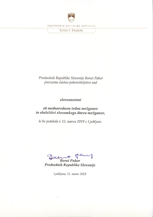 Danes je predsednik Republike Slovenije Borut Pahor sprejel predstavnike Slovenskega društva za nevroznanost SiNAPSA in jim izročil listino o prevzemu častnega pokroviteljstva nad slovesnostmi ob mednarodnem tednu možganov in obeležitvi slovenskega dneva možganov.