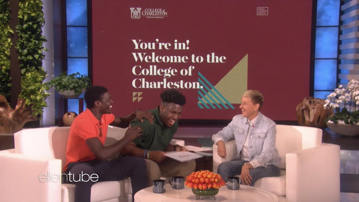 If you watch anything today, be sure to watch <a href="/TheEllenShow/">The Ellen Show</a> to see her welcome two incoming freshman to my alma mater <a href="/CofC/">College of Charleston</a> and reward them for their hard work and admirable decision to become teachers.