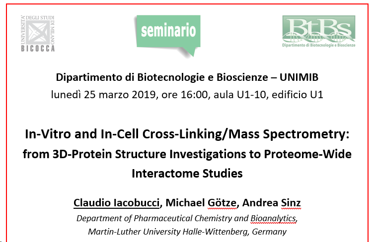 BtBsUNIMIB's tweet photo. #BtBsSeminars “In-Vitro and In-Cell Cross-Linking/Mass #Spectrometry: from #3DProtein Structure Investigations to #Proteome-Wide Interactome Studies” Claudio Iacobucci, Martin-Luther University Halle-Wittenberg @UniHalle , March 25 at the @UNIMIB https://t.co/QUUgHQ5Yxs https://t.co/P6lQRpY3mk