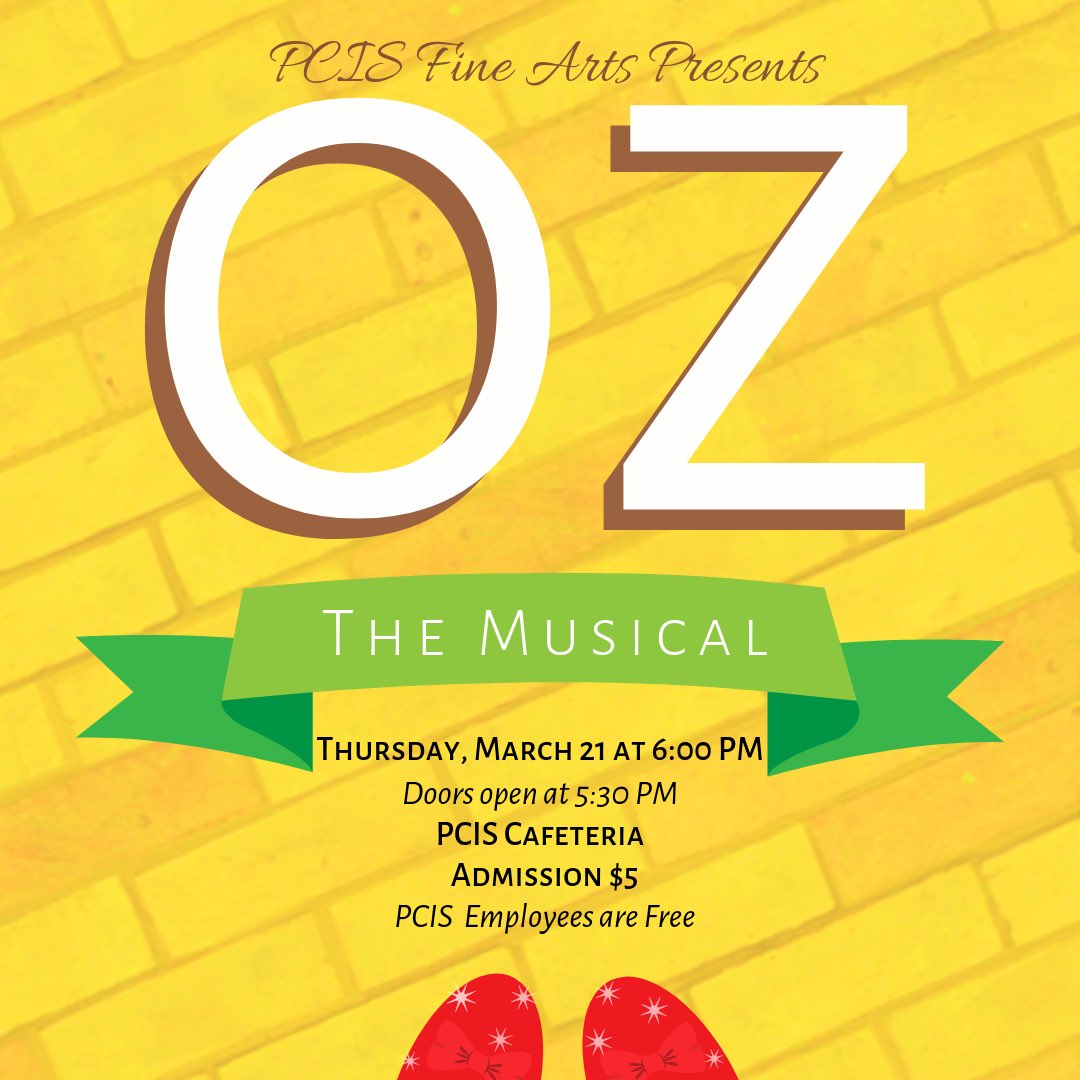 PCIntermediate's tweet photo. PCIS Fine Arts presents
Oz The Musical
Thursday, March 21
6:00 PM (doors open at 5:30 PM)
PCIS Cafeteria
Admission $5 (PCIS employees free)
🎭🌈👠💚 #offtoseethewizard #noplacelikehome #fineartsmatter #PCISpride #sharePCS https://t.co/LGrAuNct7U