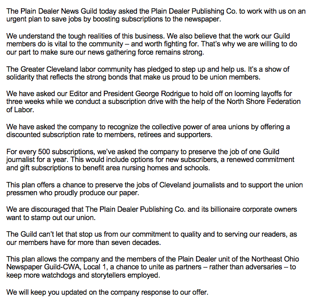 PDNewsGuild's tweet photo. The @PDNewsGuild today asked the Plain Dealer Publishing Co. to work with us – and the local labor community – on an urgent plan to save jobs by boosting subscriptions to the newspaper. We will keep you updated on the company response. #SavethePD #localjournalismmatters https://t.co/g7wkiEYbhQ