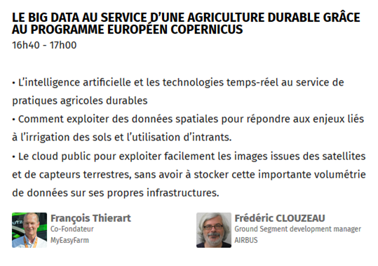 CdricParent's tweet photo. Comment apporter des recommandations au monde agricole pour renforcer le rendement et la qualité ? Réponse avec @MyEasyFarm et @AirbusSpace le 12/03 à 16 h 40 sur #BigDataParis CC : @CopernicusEU @orangebusiness @soblooservices #cloud #agritech #innovation https://t.co/8Bu5YGia50