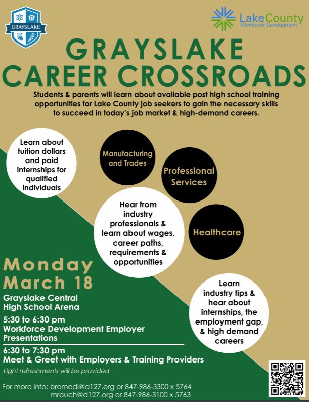 Still trying to figure out your plans for after high school? Come out and attend Career Crossroads at Grayslake Central on Monday March 18th! #postsecondary #goals #yourfuture