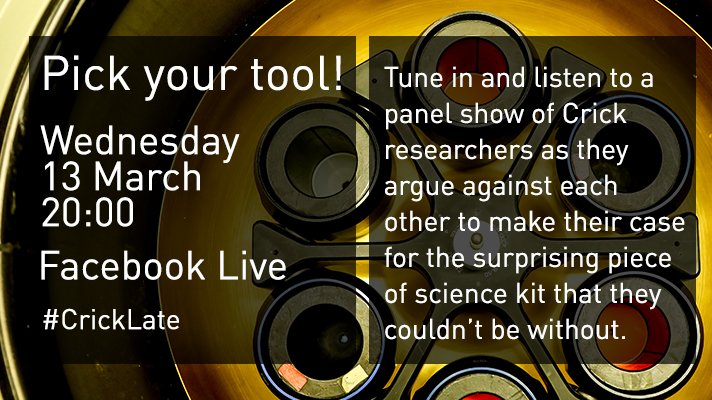 TheCrick's tweet photo. Can't make it to the #CrickLate tomorrow? Don't worry...
We'll be live on Facebook with our panel show, Pick Your Tool 🔧🔬🧪
Tune in and listen to our researchers make a pitch for their piece of scientific kit and battle it out for your vote!
https://t.co/w0XC5fI3WH https://t.co/RHtXsLrDLK