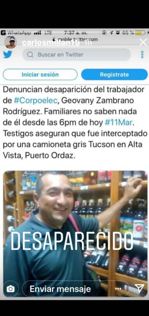 pzl17's tweet photo. Informo al Pueblo Venezolano y a Toda la Clase Trabajadora que Nuestro Hermano y Compañero de Lucha Geovanny Zambrano Trabajador de Corpoelec Pto Ordaz Está Desaparecido, Destacamos q Junto a Dámaris Cervantes a Venido Denunciando la Crisis Eléctrica, Todos Somos #Geovanny. https://t.co/W2ouvt26Pa