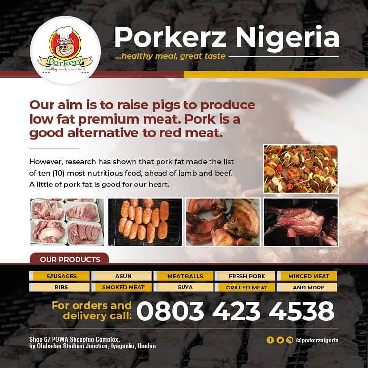 Pork fat, called lard contains monounsaturated fat, oleic  acids which helps to reduce the risk of heart diseases. pork is rich in protein and essential amino acid.  Call #Taiwo 08034234538. Our smoked pork is #7TimesHot . #PorkForum19 #pork #smokedpork #grilledpork #ibadan