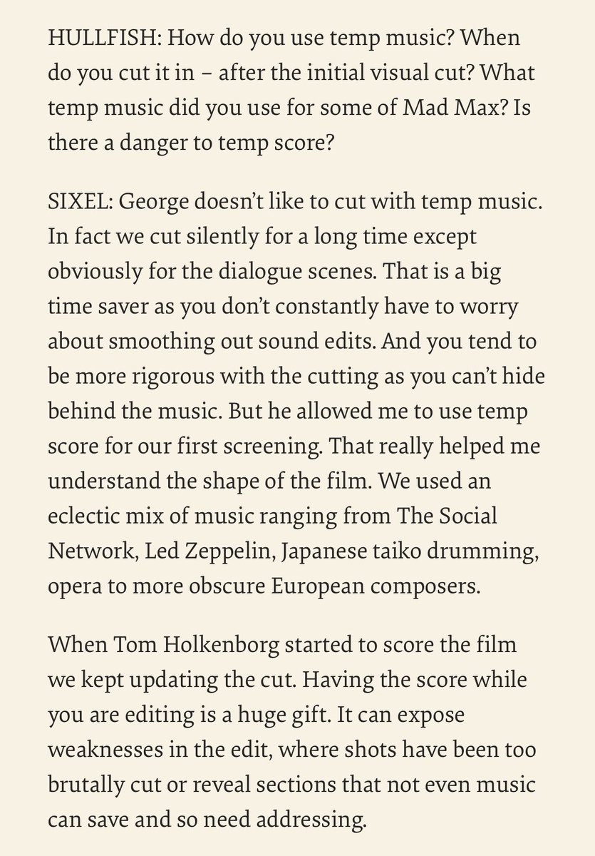 How do you use temp music?

George doesn’t like to cut with temp music. In fact we cut silently for a long time except obviously for the dialogue scenes. But he allowed me to use temp score for our first screening. We used an eclectic mix of music ranging from The Social Network, Led Zeppelin, Japanese taiko drumming, opera to more obscure European composers.”
