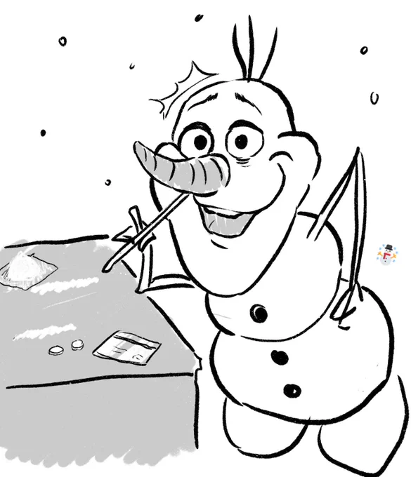 雪を吸おうとしているありのままのオラフ 