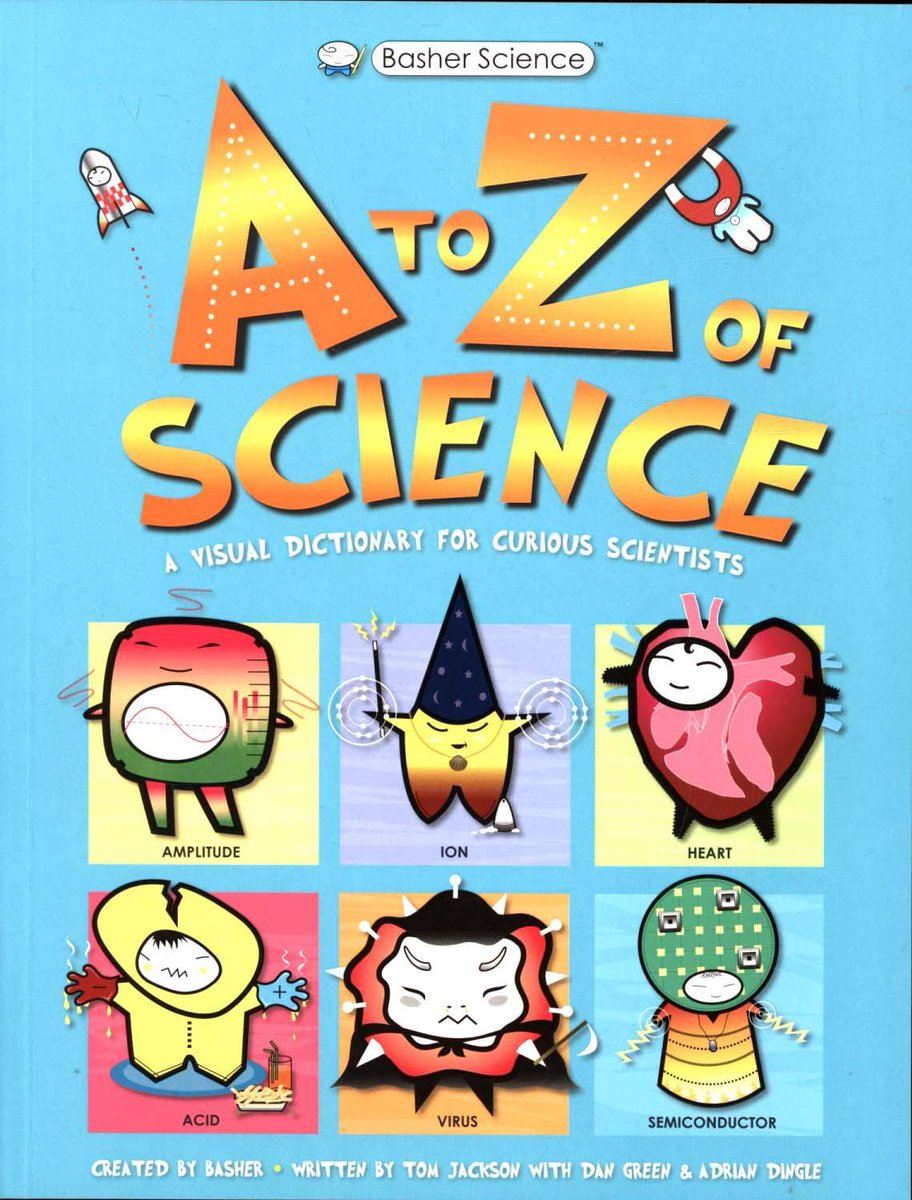 Cover of book. Pale blue background with title at the top.<br />
Under title are 6 squares of the pictures in the book, amplitude, ion, heart, acid, virus, semiconductor. All all illustrated in a cartoony way.