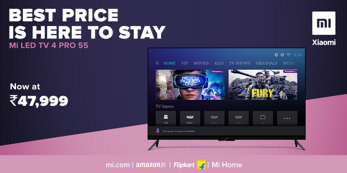 manukumarjain's tweet photo. World's thinnest AndroidTV, Mi LED TV 4 PRO 55 is now available at just ₹47,999. 

Trust me, the 138.8 cm 4K + HDR display will blow your mind, apart from @Google Assistant and 700,000+ hours of content. 😇

1388 RTs on this and I will give away one #MiTV🙏  @MiTVIndia https://t.co/RC92UfeHHe