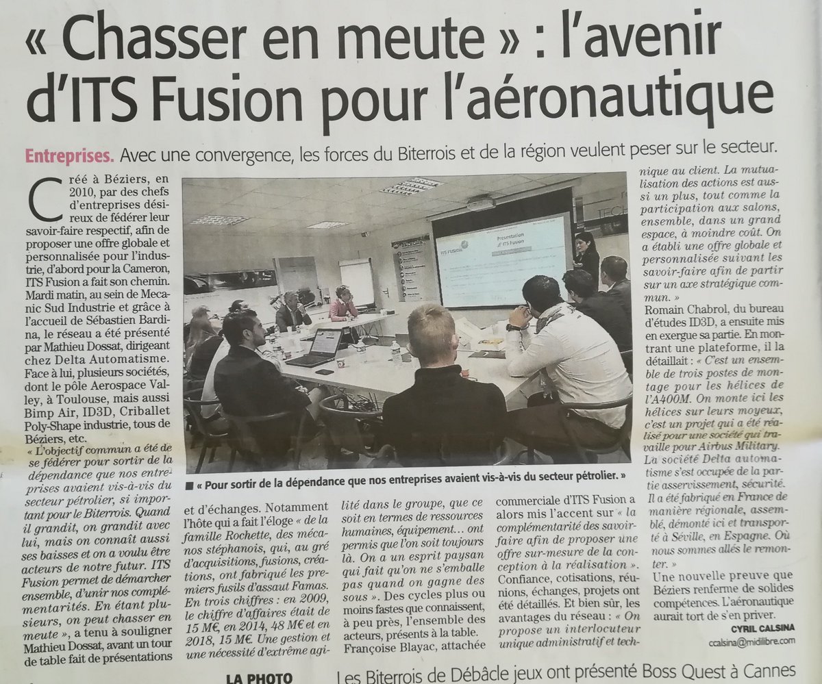 ITS_Fusion34's tweet photo. "ITS Fusion permet de démarcher ensemble et d'unir nos complémentarités. En étant plusieurs, on peut chasser en meute." Extrait de l'article du Midi Libre, dans le cadre de l'intervention de M. Dossat (ITS Fusion), lors de l'AV-terwork @AerospaceValley du 19/02. @DELTAutomatisme https://t.co/o4bVltBvtS