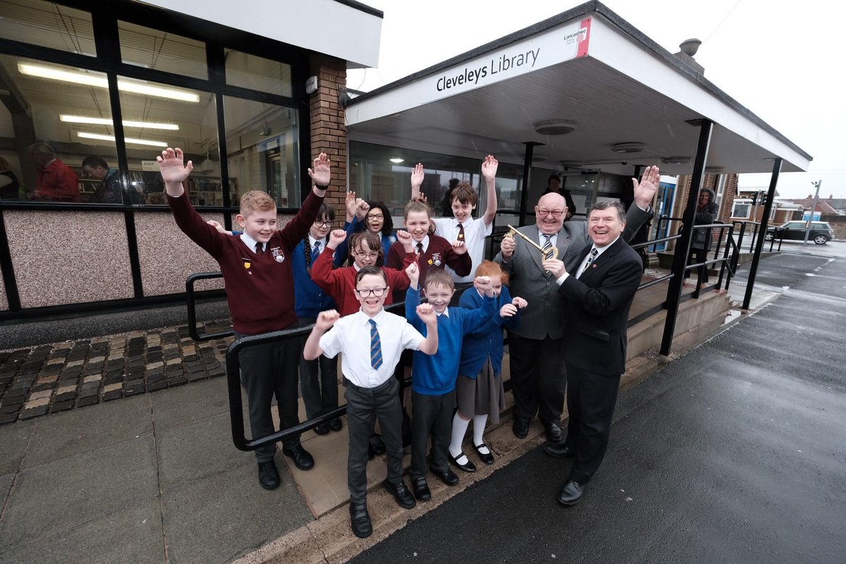 LancashireCC's tweet photo. #CleveleysLibrary is now reopen! Local residents and local school children joined County Councillor Stephen Clarke and County Councillor Peter Buckley for the official re-opening. Come down until 7pm today: https://t.co/5aT2zTbOtC https://t.co/8Tcll7uiue
