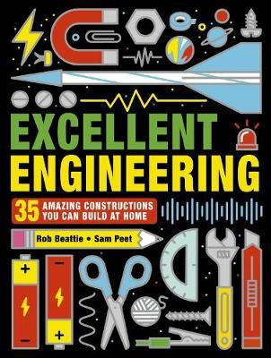 A very busy cover. black background with the title in capitals across the left middle.<br />
Drawings of <deep breath> horseshoe magnet, nuts, planets, rocket, screws, soundwave, batteries, scissors, wrench, protractor, ball of string, pencil, knife, crocodile clips, light, tape!