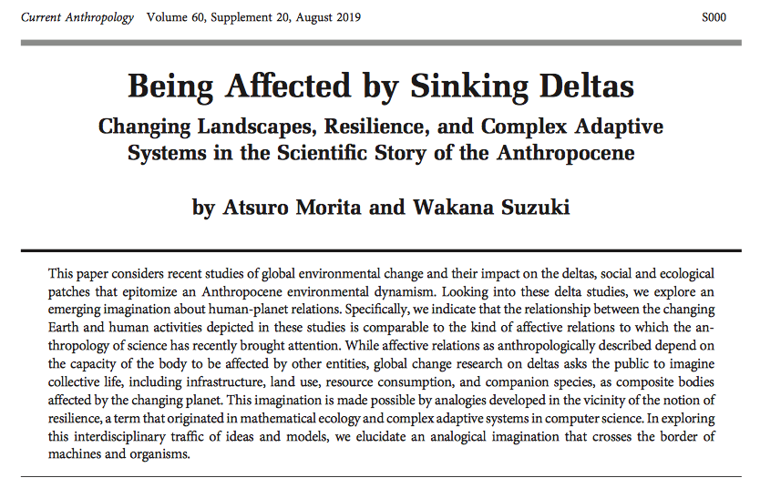 DavidCh27992090's tweet image. Atsuro Morita &amp;amp; Wakana Suzuki, &apos;#BeingAffected by Sinking Deltas Changing Landscapes, #Resilience, and #ComplexAdaptiveSystems in the Scientific Story of the #Anthropocene&apos;, Current Anthropology @AtsmrtAtsuro analogical imagination journals.uchicago.edu/doi/pdfplus/10…