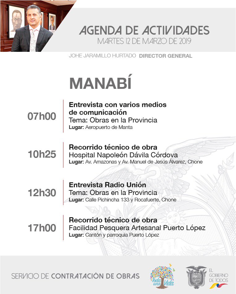SECOB_Ec's tweet photo. AGENDA|| Gestión y compromiso con los ecuatorianos. Compartimos la agenda de actividades que el Ing. @JoheJaramilloH, estará cumpliendo HOY en Manabí. #SecobEnMarcha https://t.co/U5COPxyxH0