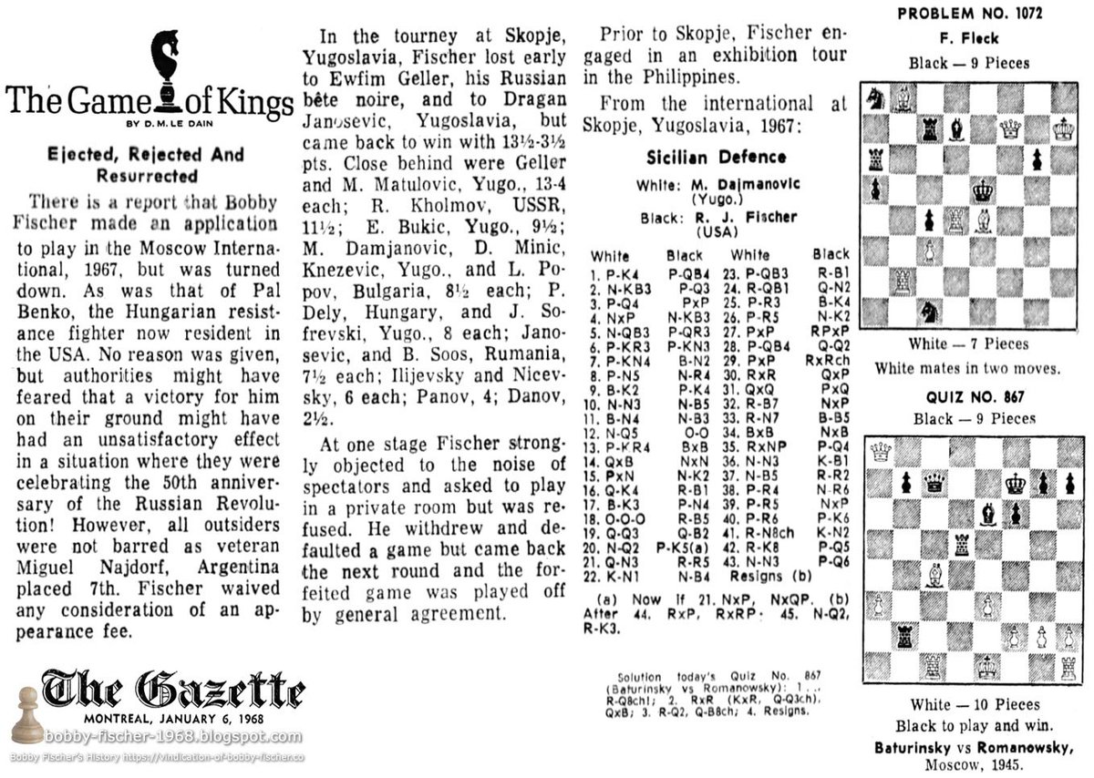 1968_bobby's tweet photo. The Gazette Montreal, Quebec, Canada Saturday, January 06, 1968

Ejected, Rejected And Resurrected
There is a report that Bobby Fischer made an application to play in the Moscow International, 1967, but...

https://t.co/Wrvn8LRLE3

https://t.co/LiotyUFmd6

https://t.co/GvQp8rqvyw https://t.co/6GQMkeTo8X