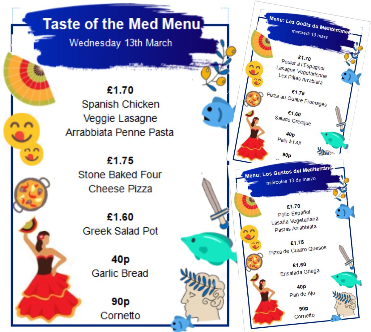 Come along to our canteen theme day tomorrow for a 'Taste of the Med' - students can order in Spanish or French to practice their language skills! <a href="/Wellacre_MFL/">MFL Dept, Wellacre Academy, Flixton</a>