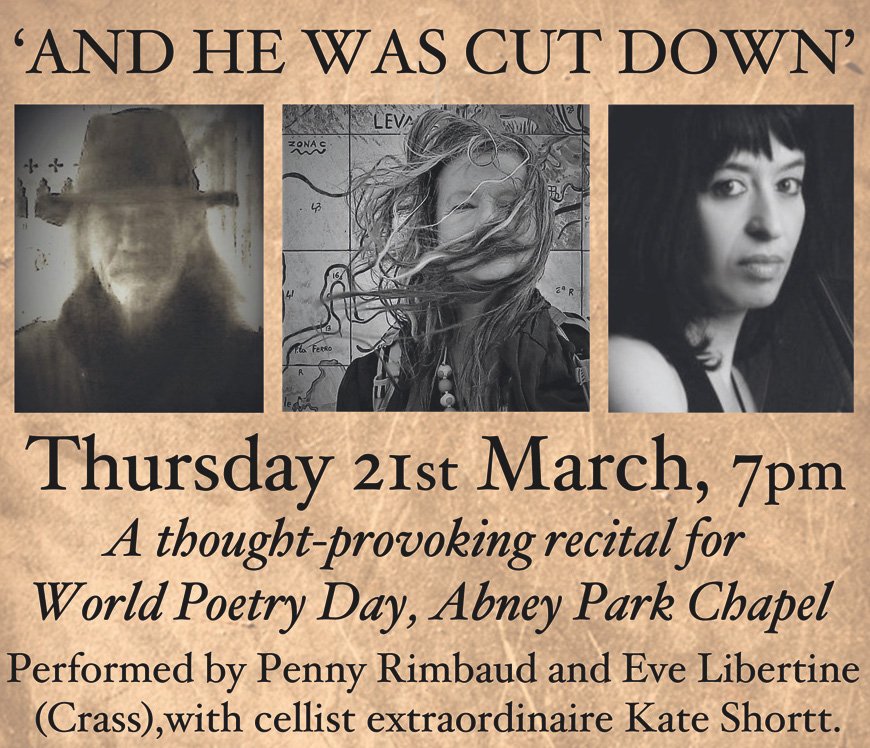 msromany's tweet photo. 'And He Was Cut Down' #feminist poem for #WorldPoetryDay performed by @pennyrimbaud1 &amp; #EveLibertine from 70s punk band #Crass in #AbneyPark cemetery chapel, joined on stage by cellist extraordinaire @kateshorttcello ♀️💪☠️@AbneyParkN16 https://t.co/hHt9NeAH4I https://t.co/02Q8uW8QBR