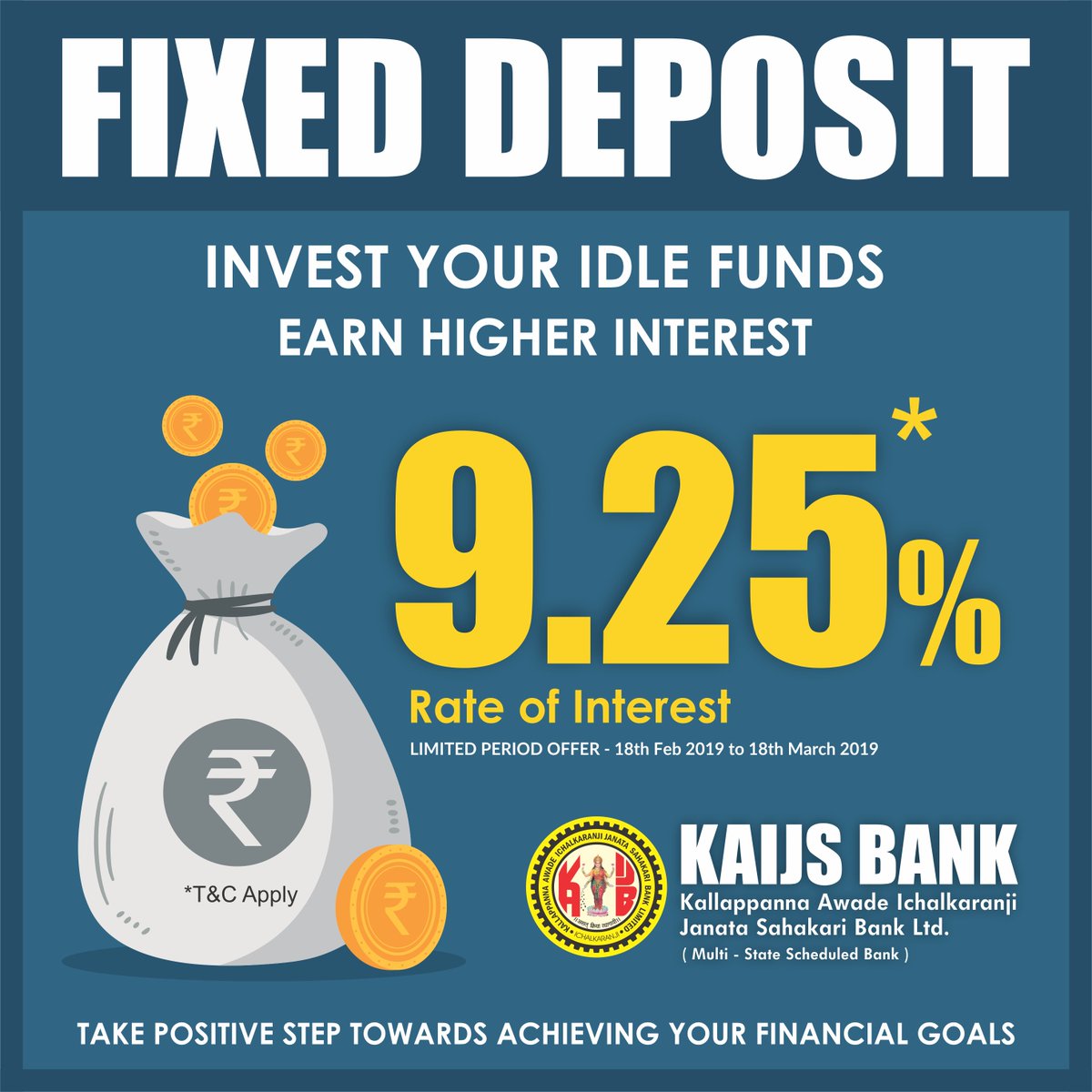kaijsbank's tweet photo. DHAN - LABH DEPOSIT SCHEME - Invest your Idle Funds in Fixed Deposit &amp; Earn Higher Interest !!! ROI - 9.25% Below Rs 15 Lac I 9.50% Rs 15 Lac &amp; Above
Senior Citizen 0.25 Extra Interest I Scheme Period : 18/02/19 to 18/03/19. #fixeddeposit #higherinterest #limitedperoid https://t.co/CuOAgHSfRl