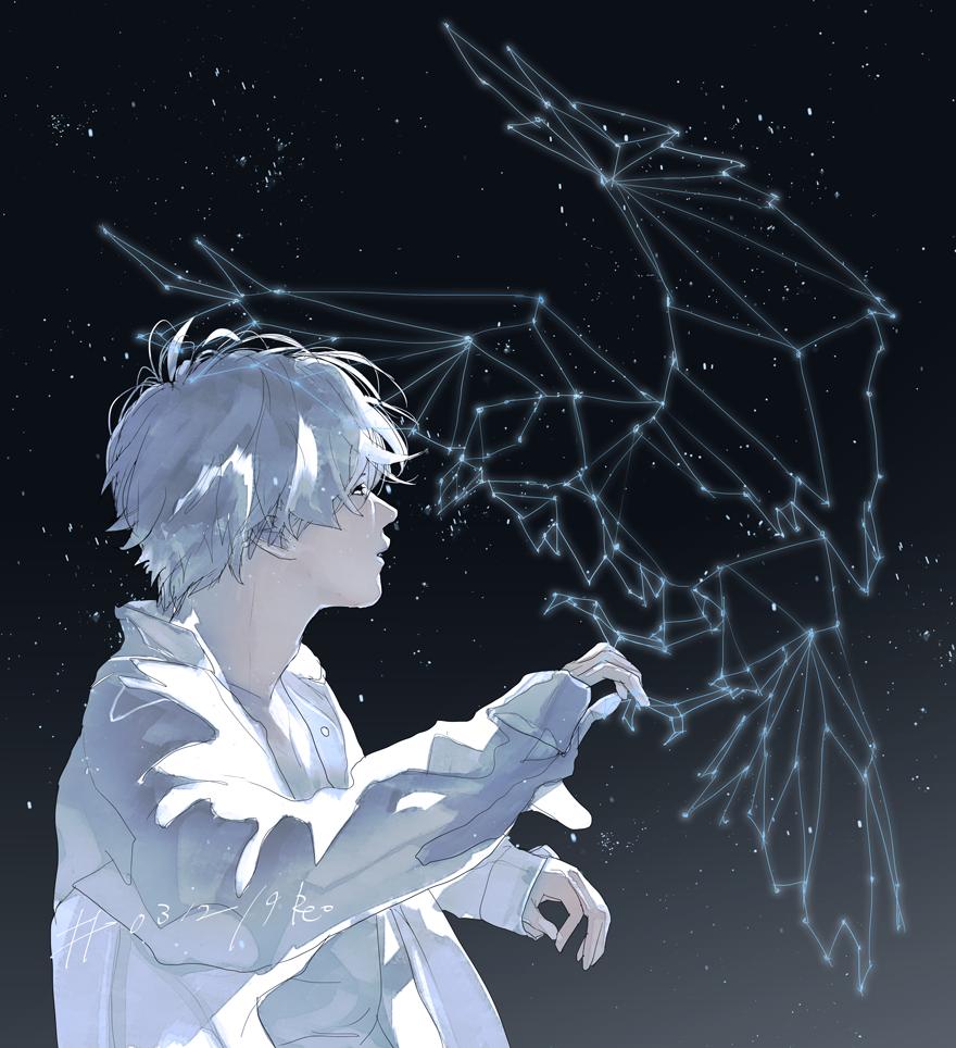 1boy male focus constellation star (sky) shirt solo white shirt  illustration images