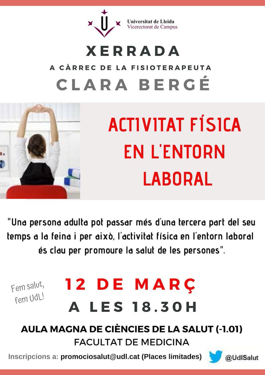 Aquesta tarda amb la millor companyia <a href="/ClaraBerge/">Clara Bergé ♫ ♪</a> 🔝 Parlem d'activitat física en l'entorn laboral! No t'ho perdis! Fem salut, fem UdL 🤸‍♂️🧘🏽‍♀️! <a href="/UdL_info/">Universitat de Lleida (UdL)</a> <a href="/ConsellUdL/">Consell de l'Estudiantat UdL 🌷</a> <a href="/conselletresudl/">Consell Lletres Udl</a> <a href="/FIF_Lleida/">FIFLleida</a> @medicinalleida @ETSEA_UdL <a href="/A_Ro_Cha/">Ángela Rodríguez</a>