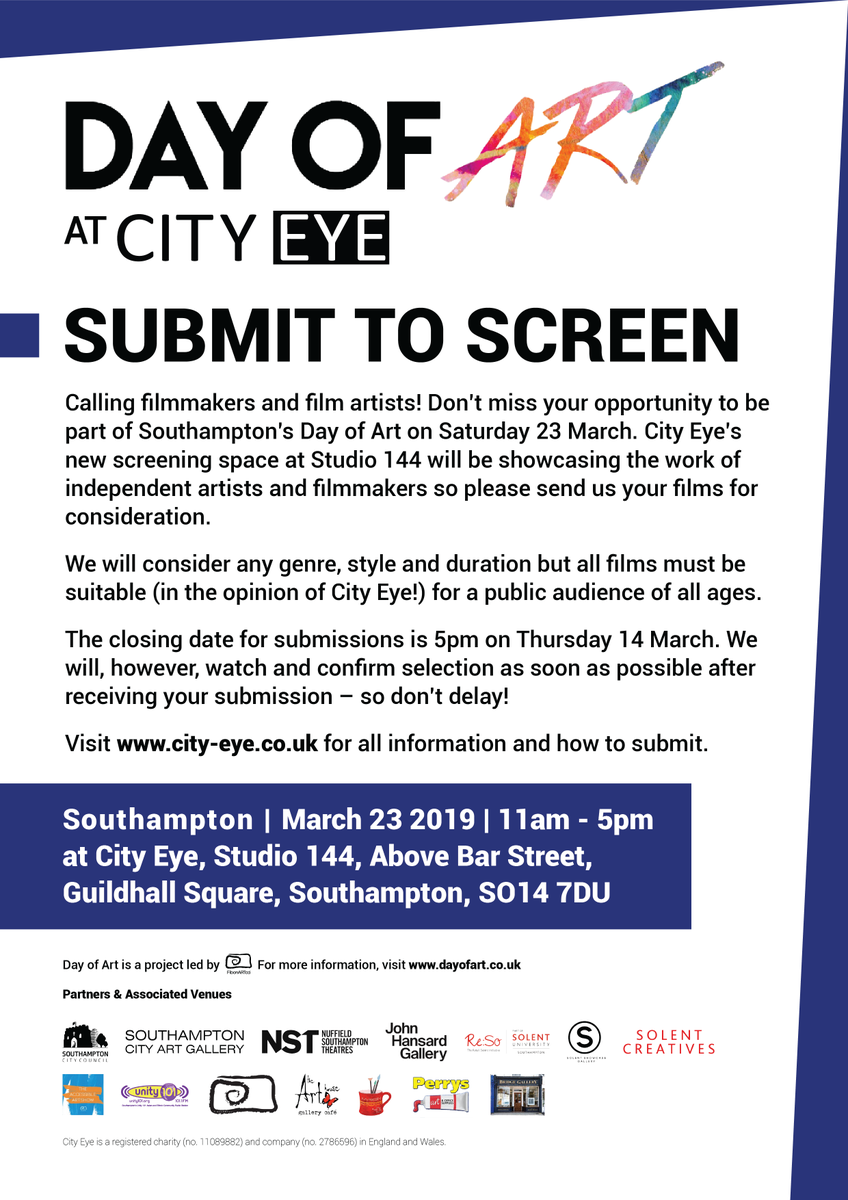 2 days left to submit to screen at Day of Art!
Calling filmmakers &amp; film artists! Don’t miss your opportunity to be part of <a href="/SotonDayofArt/">Southampton Day of Art</a> on Saturday 23rd March. 
Deadline 14th March. Full details: bit.ly/2ESubon