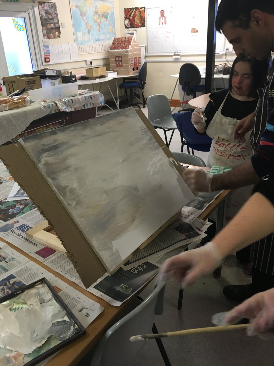 ValePlus1's tweet photo. With Storm Gareth brewing outside today our Tuesday art group are busy re-creating LS Lowry's 'The Beach' https://t.co/bJ52bbMKWw