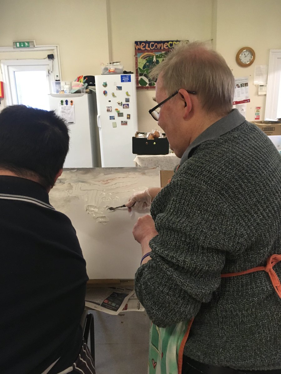 ValePlus1's tweet photo. With Storm Gareth brewing outside today our Tuesday art group are busy re-creating LS Lowry's 'The Beach' https://t.co/bJ52bbMKWw