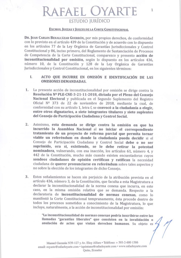 enindefension's tweet image. URGENTE-URGENTE: el Dr. Carlos Benalcazar con el auspicio del Dr. Rafael Oyarte, #presentaron una Acción de Inconstitucional por Omisión, ante la Corte Constitucional, para que #dicte la Medida Cautelar y se suspenda la elección 24 de marzo de 2019, de los Consejeros del CPCCS.