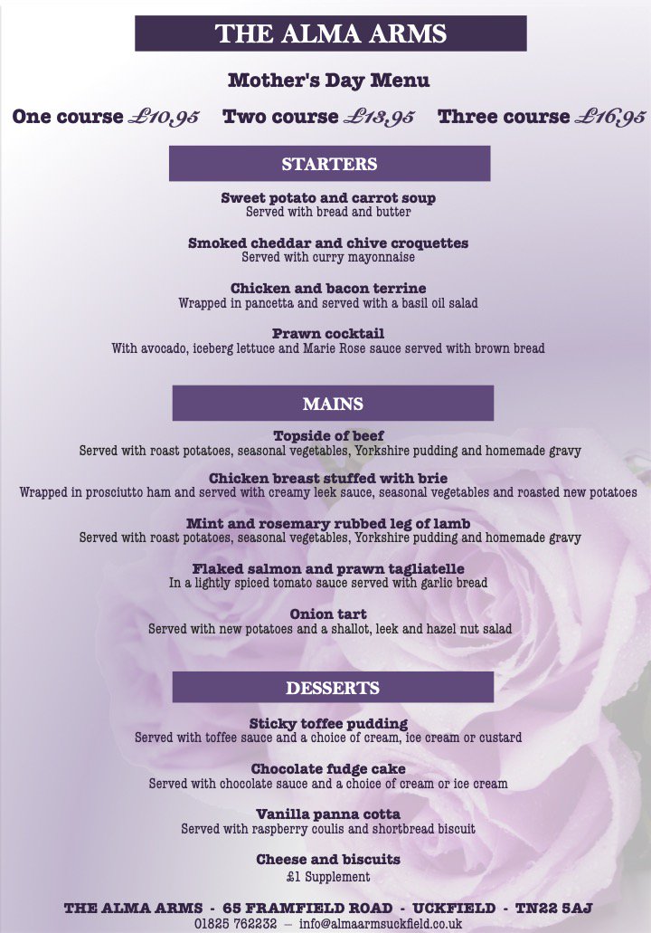 Looking for treat for Mum this Mother's Day? 😊 Give us a call to book: 01825 762232

#MothersDay #MothersDayMenu #AlmaArms #Uckfield #Restaurant