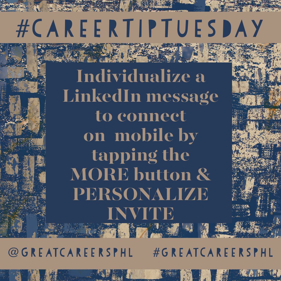 GreatCareersPHL's tweet image. #CareerTipTuesday Many folks still are not aware they can send an individualized message to connect on LinkedIn on their mobile phone. 

Pull up someone’s full profile and click on the MORE button and PERSONALIZE INVITE. 

#GreatCareersPHL 

#LinkedInHack #LinkedInTip