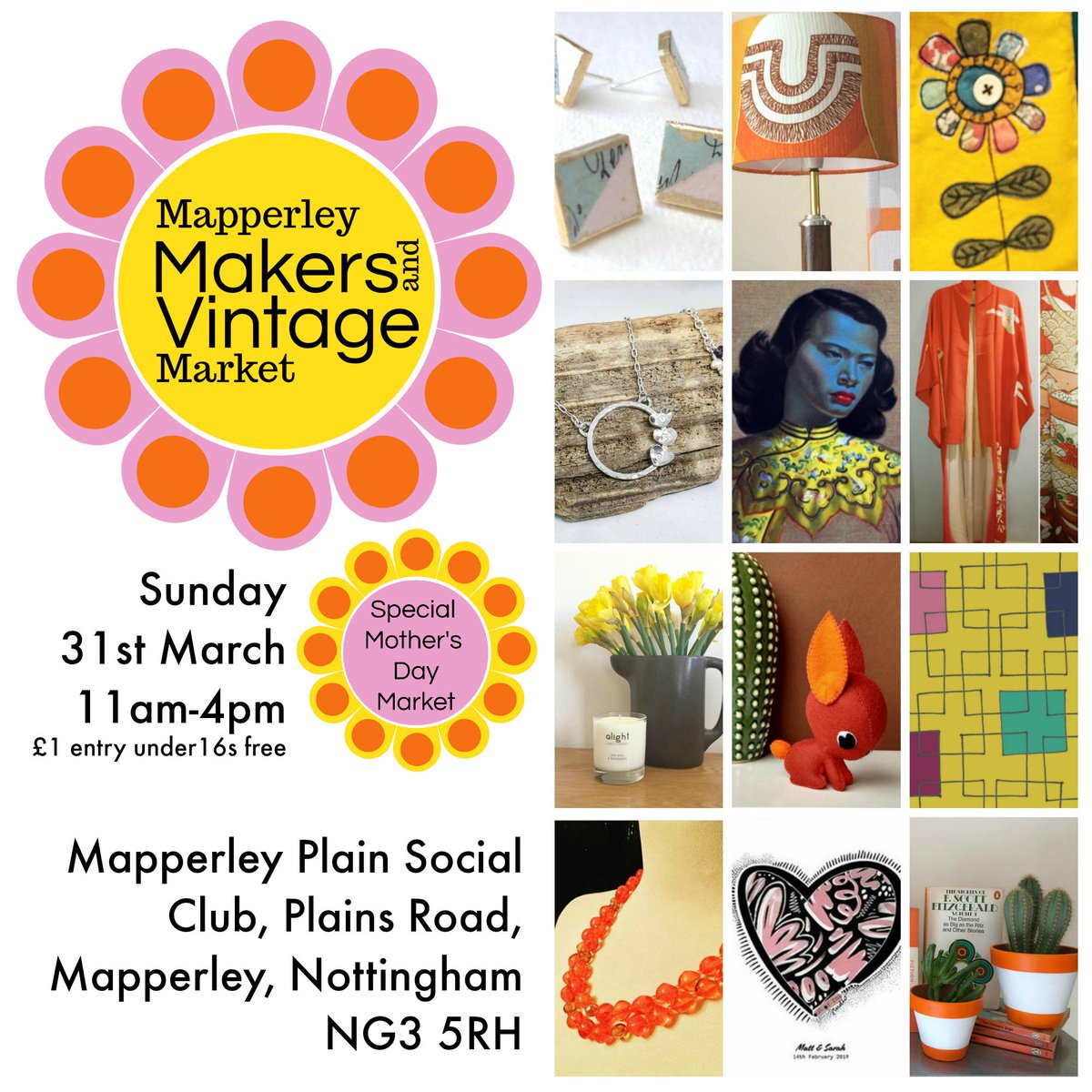 As it's Mother's Day on the next Mapperley Makers &amp; Vintage Market we have a few special treats for your mum, or just for yourself. We have live music, a portrait artist, hair &amp; beauty salon &amp; a pop-up cafe. There's also 35 fab stalls of handmade &amp; vintage #Nottingham #Mapperley
