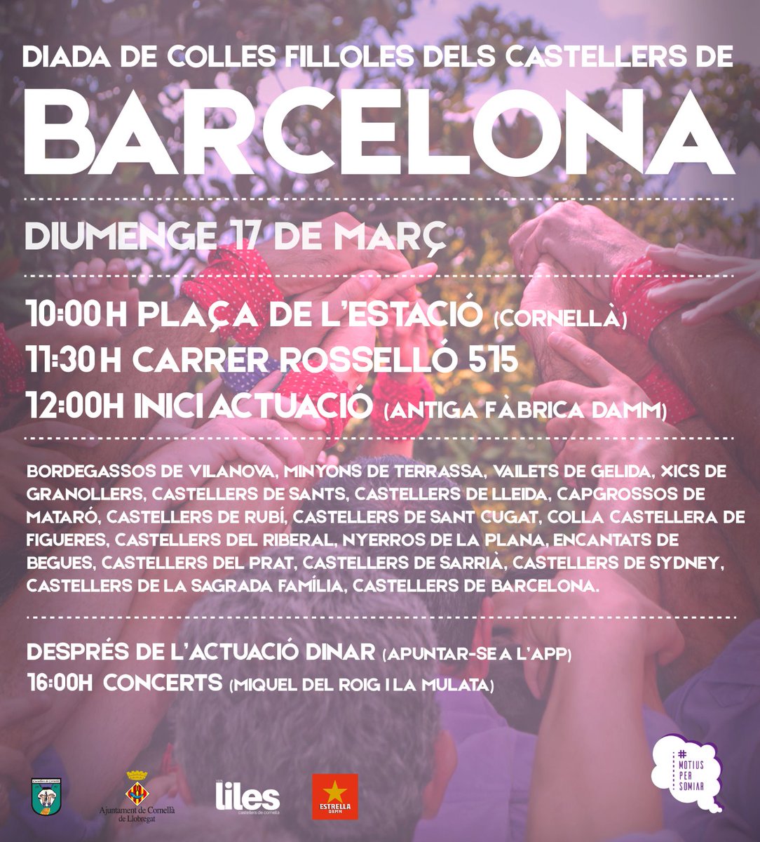 CastCornella's tweet photo. Ja teniu la camisa de la colla i els pantalons  blancs a punt? Aquest diumenge tenim la primera actuació de la temporada! La diada de fillols dels nostres padrins @CdBCN que enguany fan 50 anys!!!! No us ho perdreu oi? #motiuspersomiar #liles #castellers  #Cornellà https://t.co/q0csruRIKg